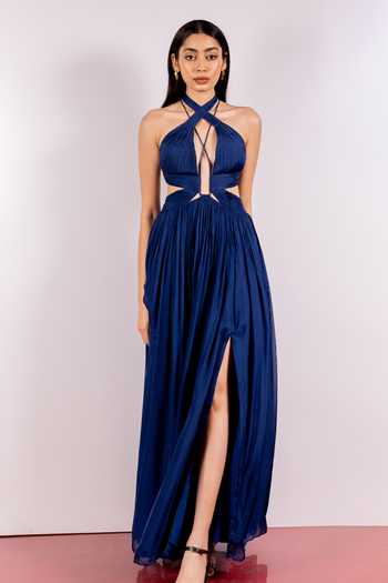 Pinup By Astha Halter Neck Ruched Blue Gown 
