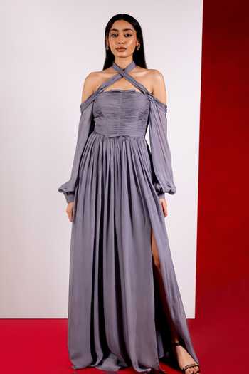 Pinup By Astha Grey Ruched Bodice Off Shoulder Gown 