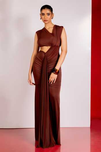 Pinup By Astha Brown Solid Draped Gown 
