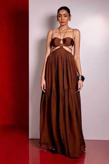 Pinup By Astha Brown Off Shoulder Sweetheart Gown 