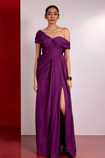 Pinup By Astha Purple Asymmetric Sleeve Gown 