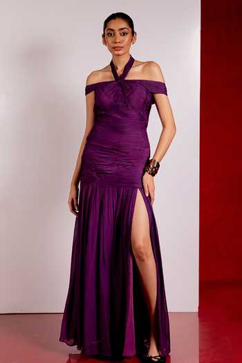 Pinup By Astha Purple Off Shoulder Ruched Gown 