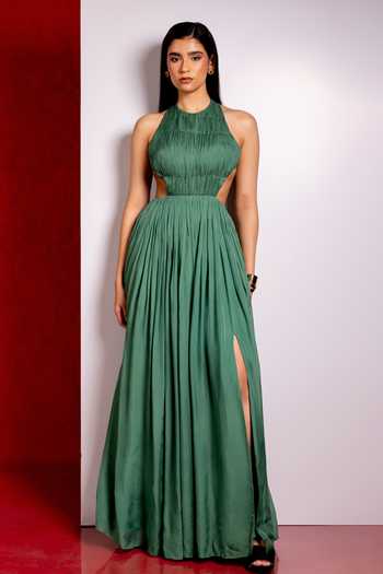 Pinup By Astha Olive Green Hand Pleated Halter Neck Gown 