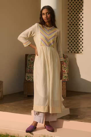 Swatti Kapoor Ivory Stripe Patchwork Woven Tunic 