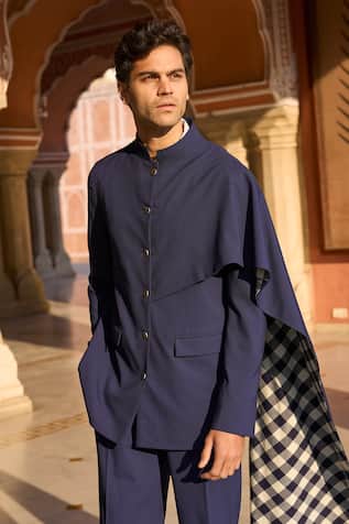 Dash And Dot Navy Blue Bandhgala with Pocket Detail 