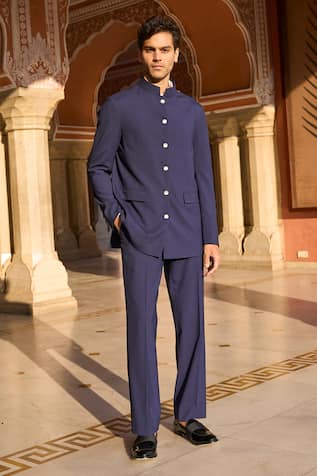 Dash And Dot Navy Blue Bandhgala & Trouser Set 