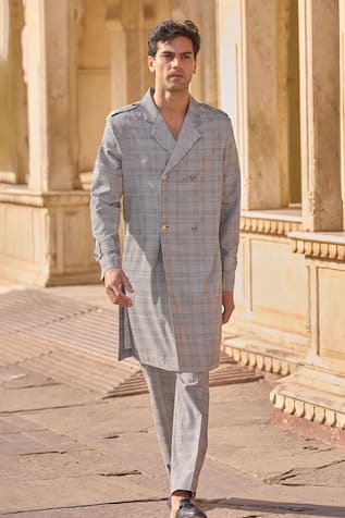 Dash And Dot Grey Houndstooth Check Trench Coat & Trouser Set 