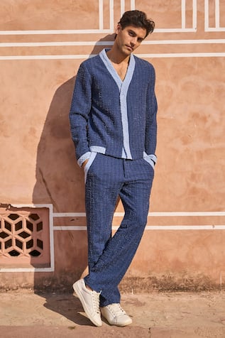 Textured Blue Knitted Casual Shirt 