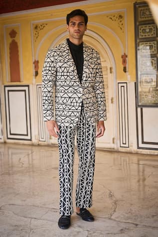 Dash And Dot Monochrome Geometric Blazer & Pant Set 