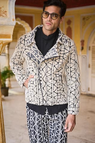 Dash And Dot Black & White Geometric Pattern Bomber Jacket 