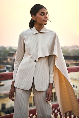 Dash And Dot Ivory Pinstripe Draped Blazer 