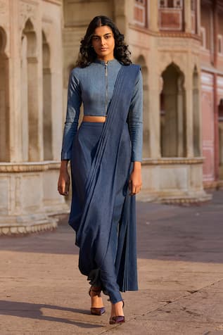 Dash and Dot Denim Pre-Draped Saree With Band Collar Blouse 