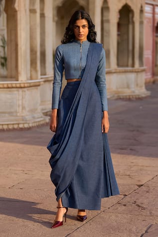 Dash and Dot Denim Hand Pleated Pre-Draped Saree 