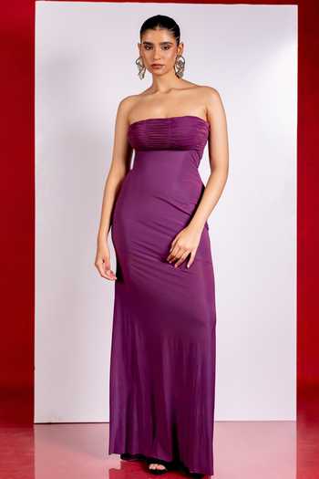 Pinup By Astha Purple Off Shoulder Ruched Bodice Gown 