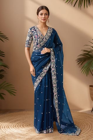 Navy Blue Dori Floral Embroidered Saree Set 