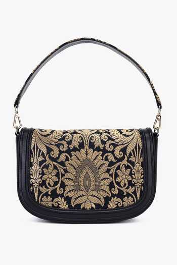 Tan & Loom Black Floral Banarasi Brocade Clutch Bag 