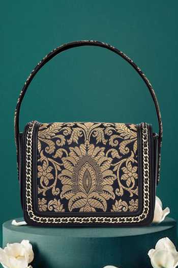 Tan & Loom Black Woven Banarasi Brocade Handbag 