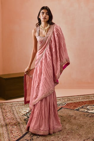 PUNIT BALANA Dusky Pink Applique Ruffle Saree Set 