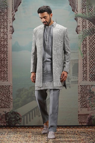 Asuka Dabka Embroidered Grey Sherwani Set 