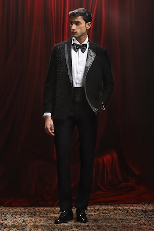 Embroidered Black Tuxedo & Trouser Set 