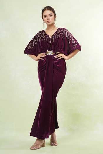 Naintara Bajaj Velvet Cutdana Buggle Beads Embellished Dress & Belt 
