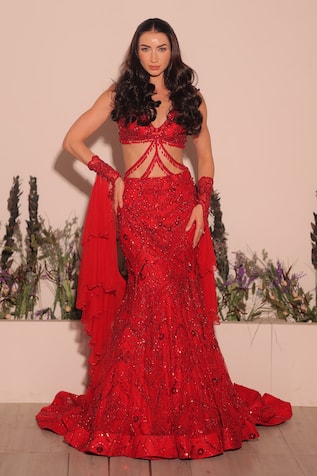 Kaynaat By Aanchal Sawhney Red Tassel Embroidered Lehenga Set 