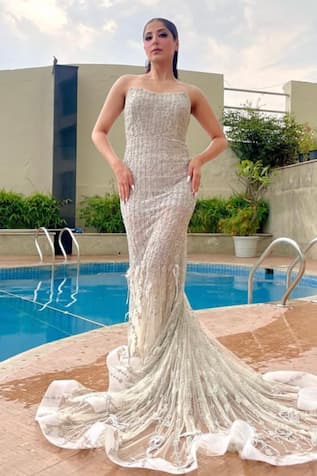 Kaynaat By Aanchal Sawhney Silver Embroidered Gown With Trail 