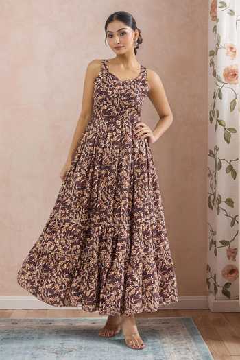 Naintara Bajaj Brown Leaf Vine Print Maxi Dress 