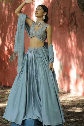 Enamour By Radha Blue Pearl Embroidered Lehenga Set 