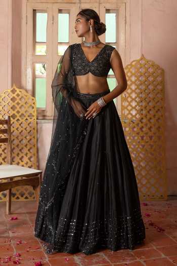 Enamour By Radha Black Sequin Bloom Embroidered Lehenga Set 