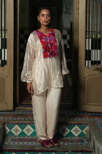 Chambray & Co. Silver Bloom Embroidered Overlay Top & Pant Set 