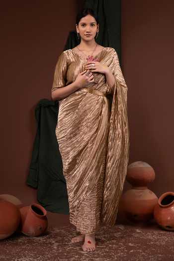Chambray & Co. Gold Crushed Texture Pre-Draped Saree 