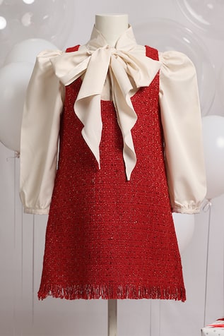 Red Tweed Dress With Ruffled Shirt 