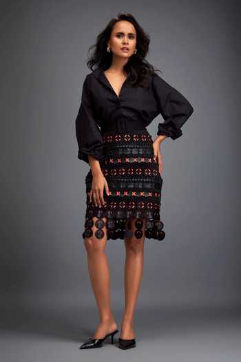Deepika Arora Black Geometric Applique Embroidered Skirt 