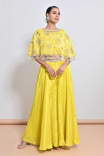 KEITH GOMES Hand Embroidered Yellow Cape Palazzo Set 
