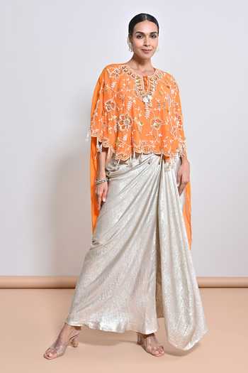 KEITH GOMES Flower Hand Embroidered Cape Draped Skirt Set 