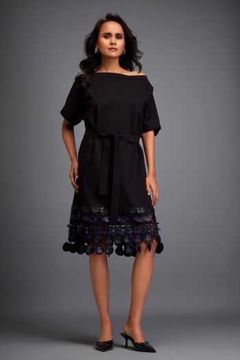 Deepika Arora Black Leather Applique Embroidered Dress 