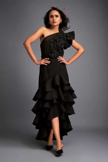 Deepika Arora Swarovski Embroidered One-Shoulder Dress 