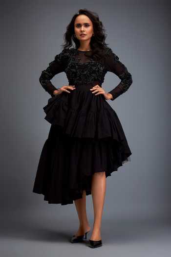 Deepika Arora Swarovski Embroidered Black Top & Ruffled Skirt 