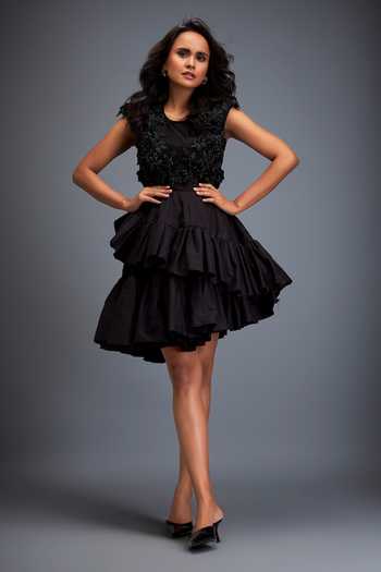 Deepika Arora Swarovski Embroidered Black Top & Skirt Set 