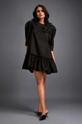 Deepika Arora Black Puffed Sleeve Embroidered Dress 