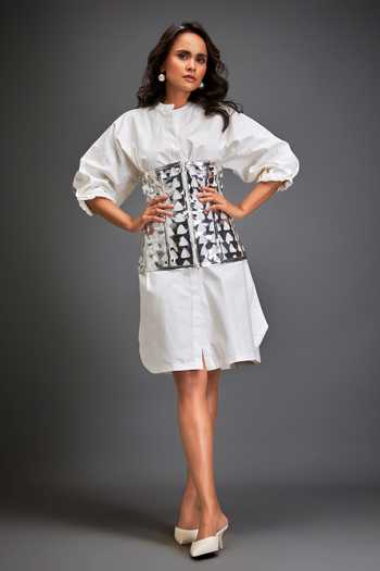 white shirt dress with corset belt Corset-Style White Mini Shirt Dress