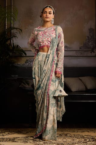 Diyarajvvir Floral Jaal Print Pre-Draped Saree Set 