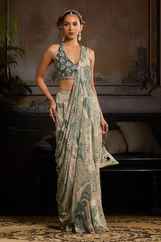 Diyarajvvir Bloom Jaal Print Pre-Draped Saree Set 