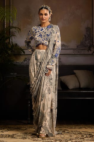 Diyarajvvir Beige & Black Bahar Jaal Pant Saree Set 