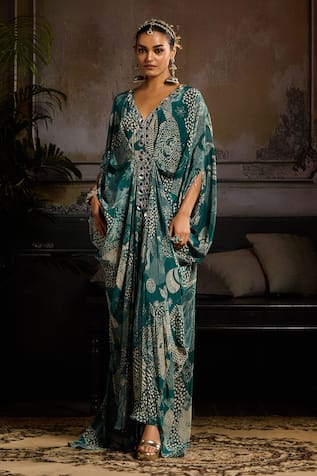 DiyaRajvvir Teal Green Abstract Blossom Kaftan 