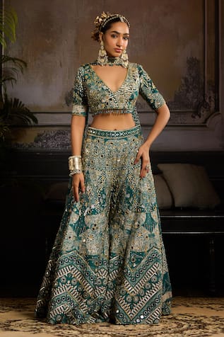 Diyarajvvir Abstract Blossom Jaal Print Blouse & Sharara Set 