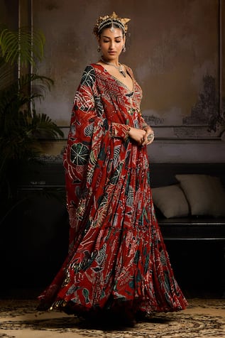 Diyarajvvir Leaf Print Anarkali Set With Dupatta 