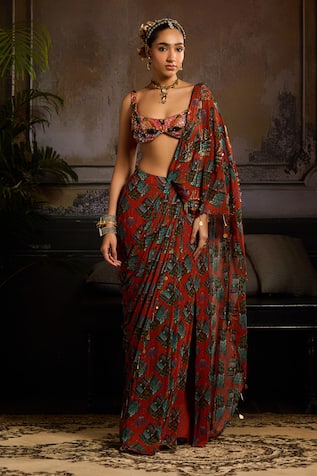 Diyarajvvir Leaf Butta Print Draped Skirt Saree 