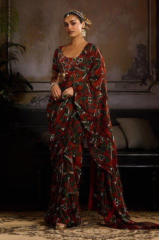 Diyarajvvir Leaf Print Pre-Draped Skirt Saree With Blouse 